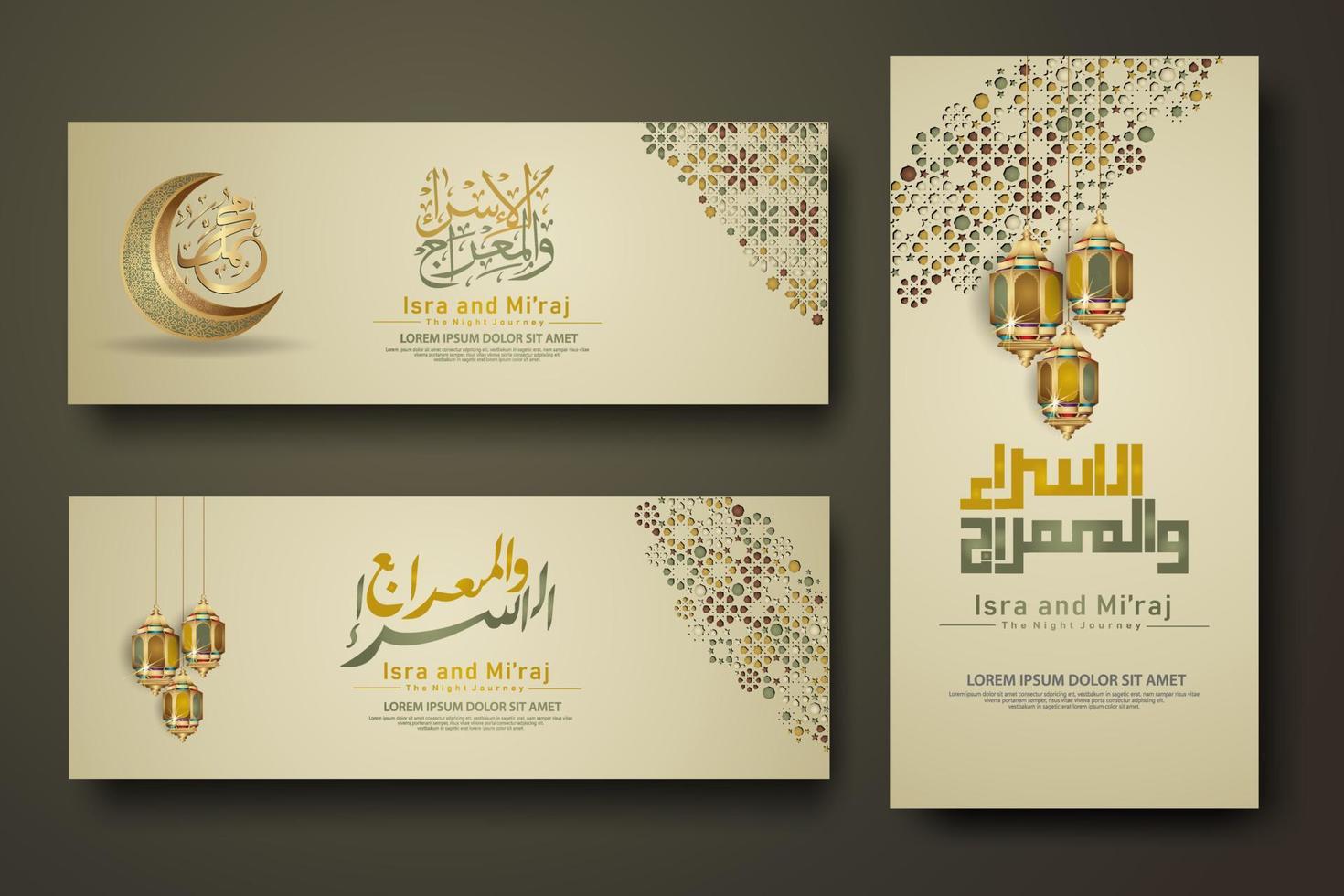 Al-Isra wal Mi'raj Prophet Muhammad calligraphy set banner template vector