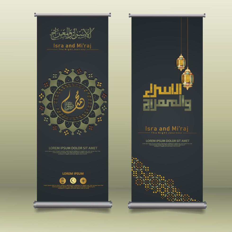 Al-Isra wal Mi'raj Prophet Muhammad calligraphy set roll up banner template with hand drawn kaaba, crescent moon and traditional lantern with ornamental colorful of mosaic islamic background vector