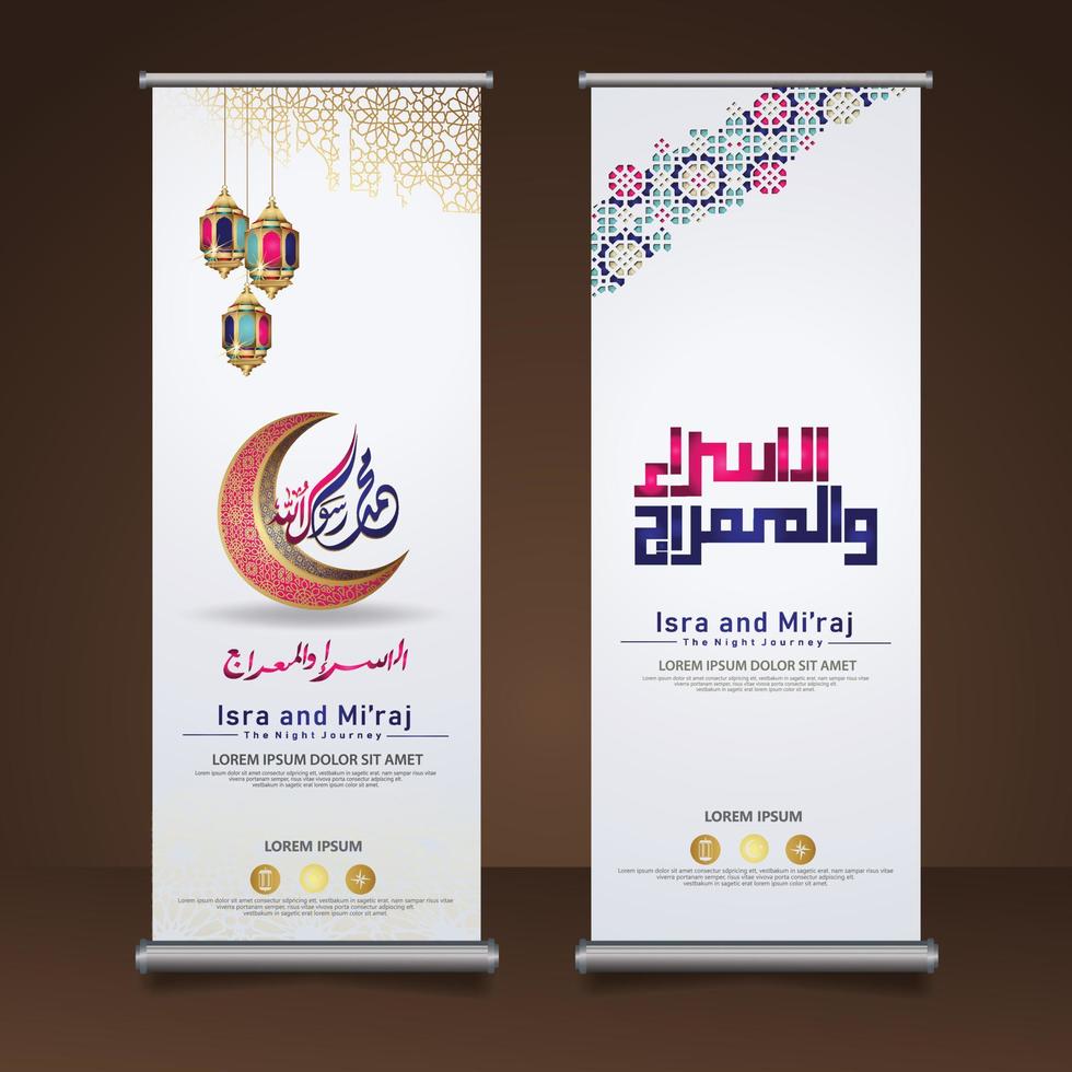 Al-Isra wal Mi'raj Prophet Muhammad calligraphy set roll up banner template with hand drawn kaaba, crescent moon and traditional lantern with ornamental colorful of mosaic islamic background vector