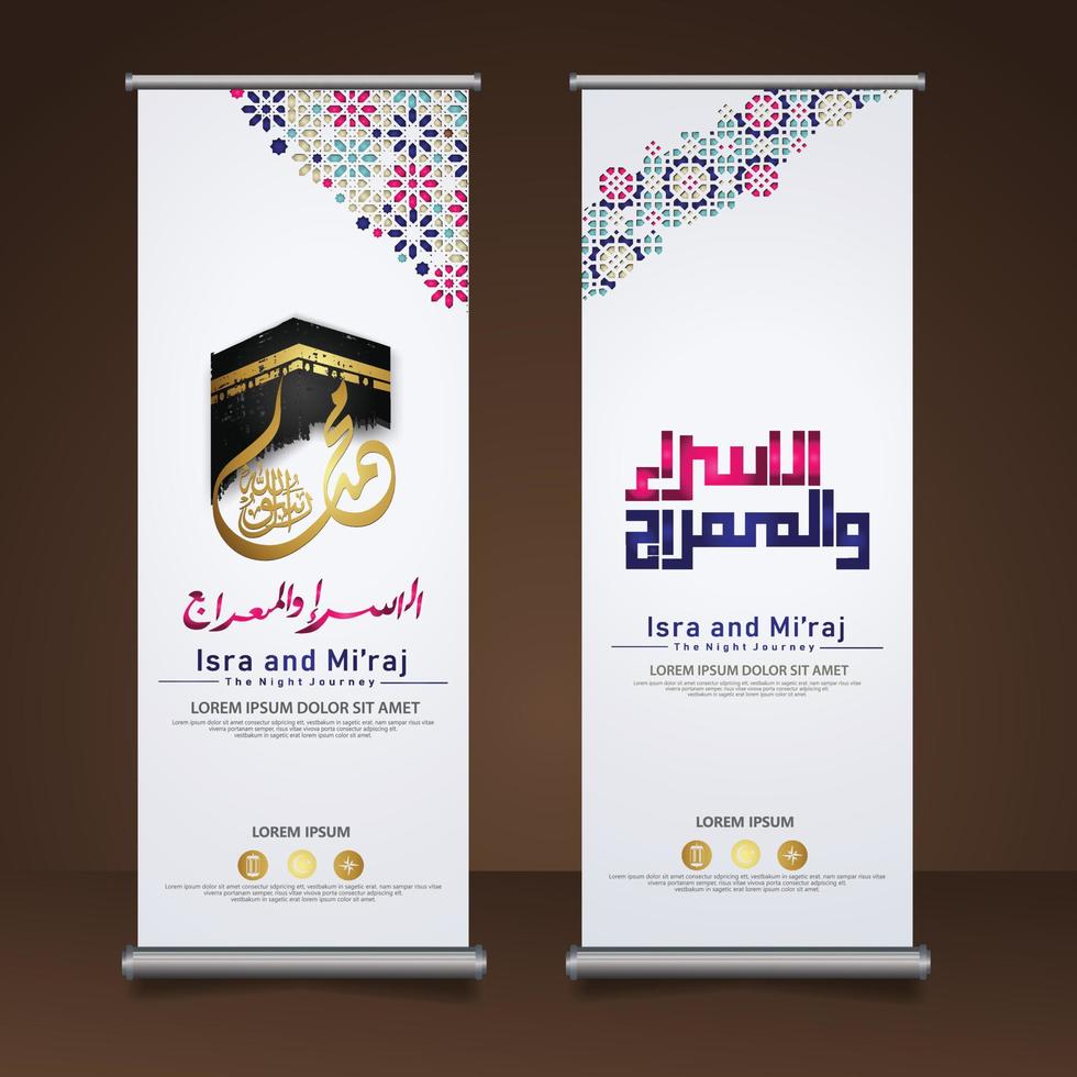 Al-Isra wal Mi'raj Prophet Muhammad calligraphy set roll up banner template with hand drawn kaaba, crescent moon and traditional lantern with ornamental colorful of mosaic islamic background vector