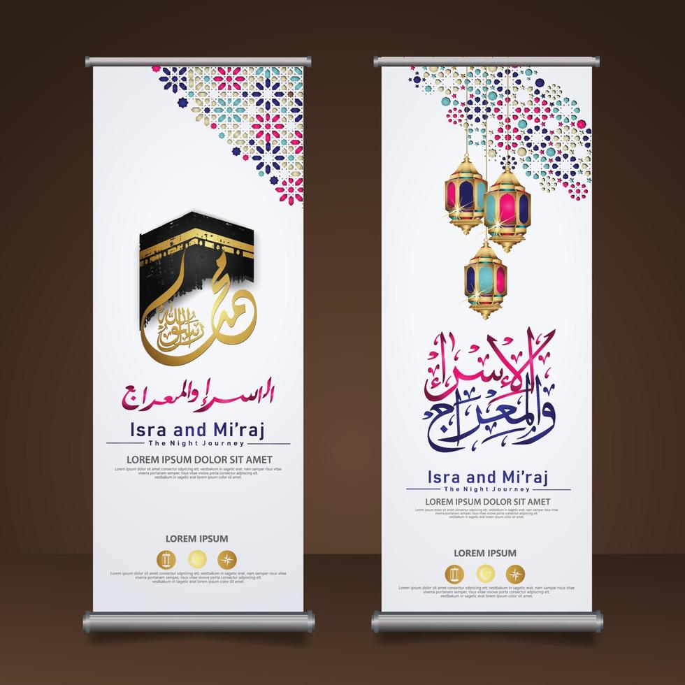 Al-Isra wal Mi'raj Prophet Muhammad calligraphy set roll up banner template with hand drawn kaaba, crescent moon and traditional lantern with ornamental colorful of mosaic islamic background vector