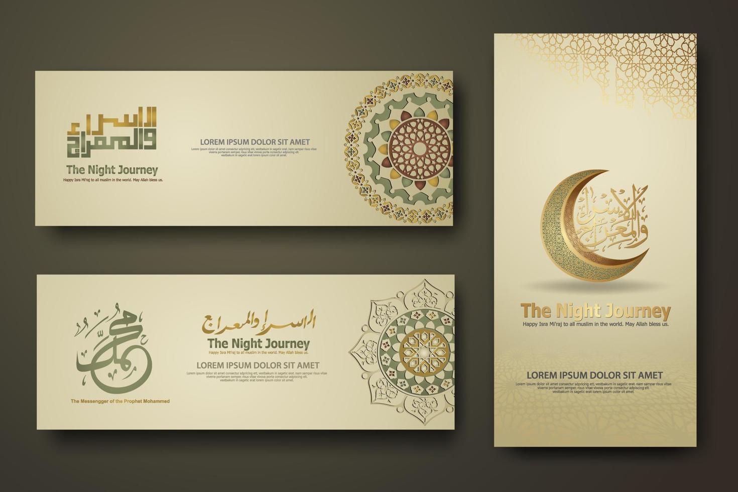 Al-Isra wal Mi'raj Prophet Muhammad calligraphy set banner template vector