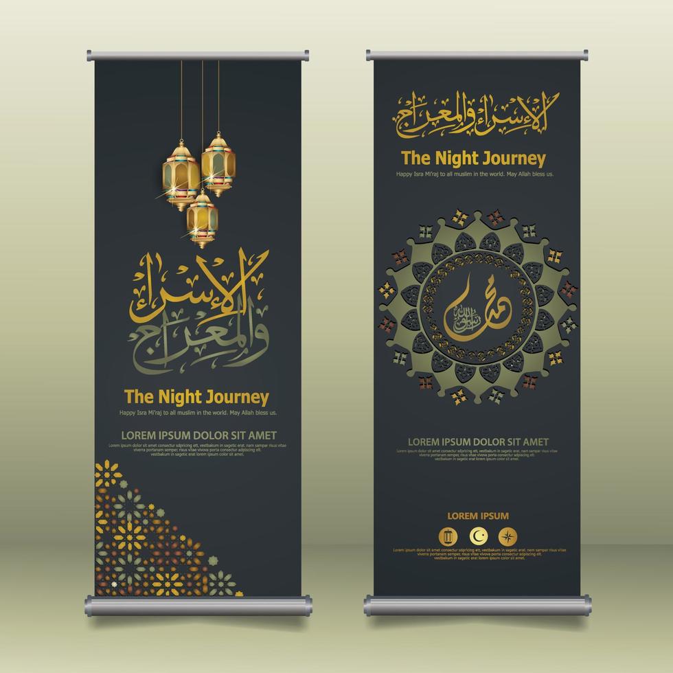 Al-Isra wal Mi'raj Prophet Muhammad calligraphy set roll up banner template with hand drawn kaaba, crescent moon and traditional lantern with ornamental colorful of mosaic islamic background vector