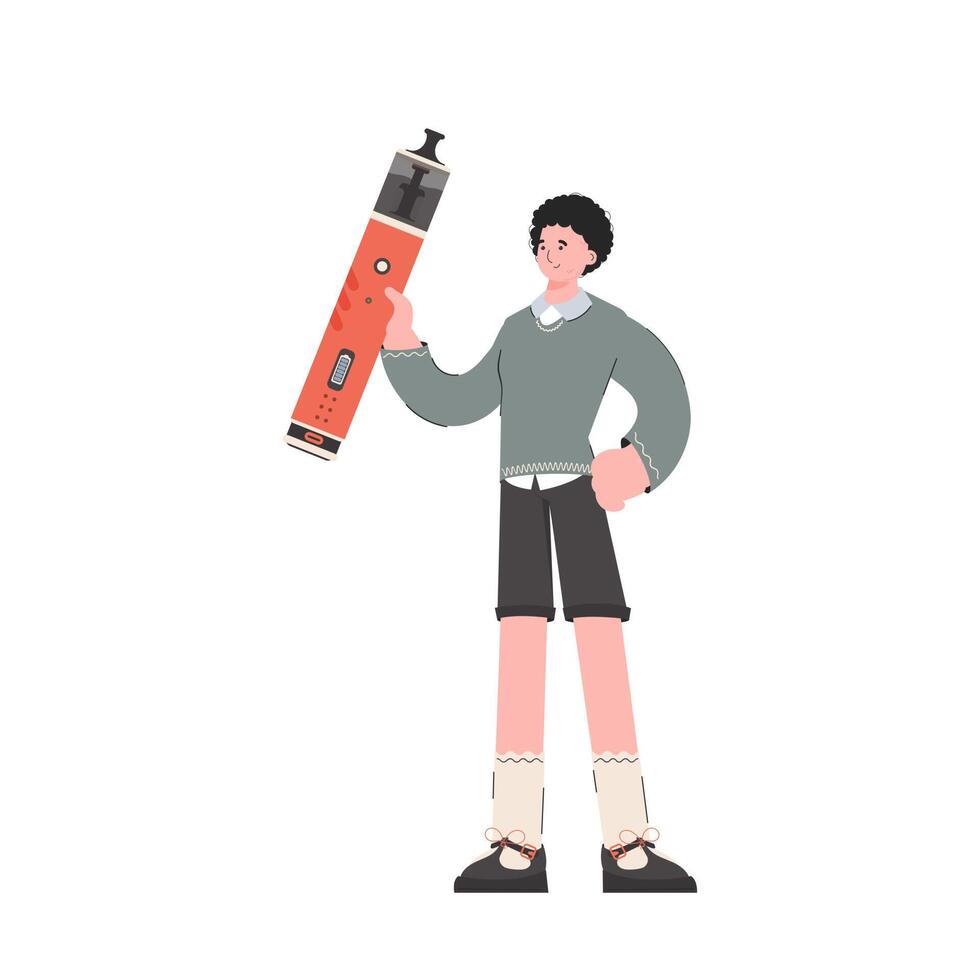 A man holds an electronic cigarette in his hands. Flat style. Isolated on white background. Vector illustration.