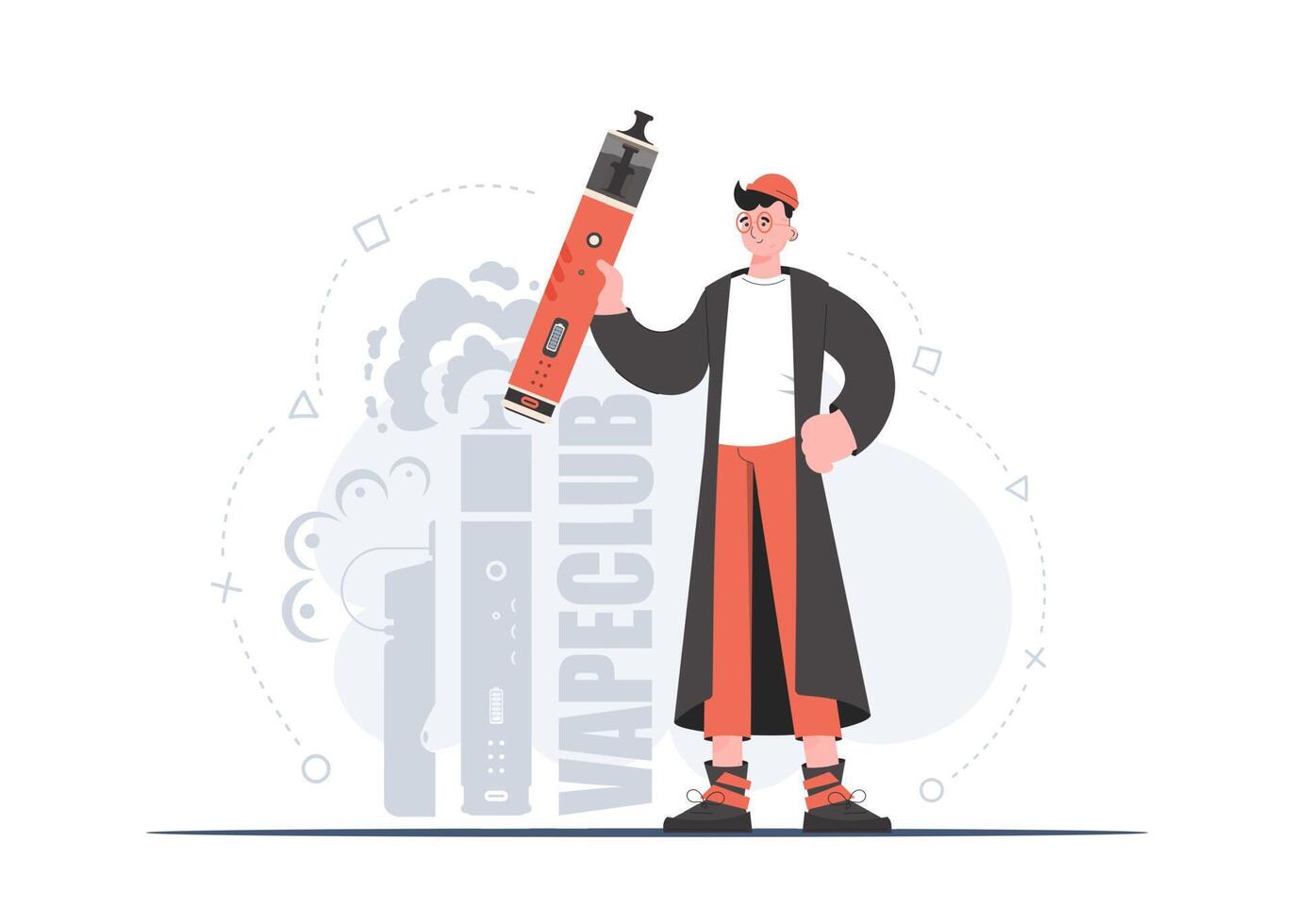 The guy holds in his hands a system for vaping. Trendy style with soft neutral colors. The concept of replacing cigarettes. Vector illustration.