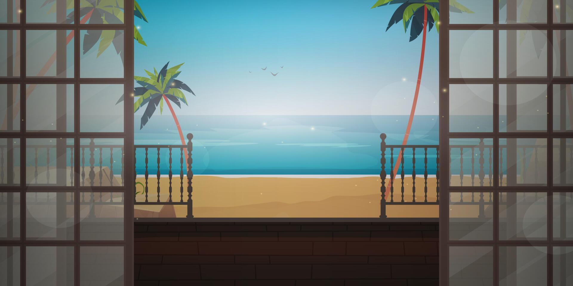 Morning beach landscape near the house. Ocean view from the villa's veranda. Cartoon style. Vector illustration