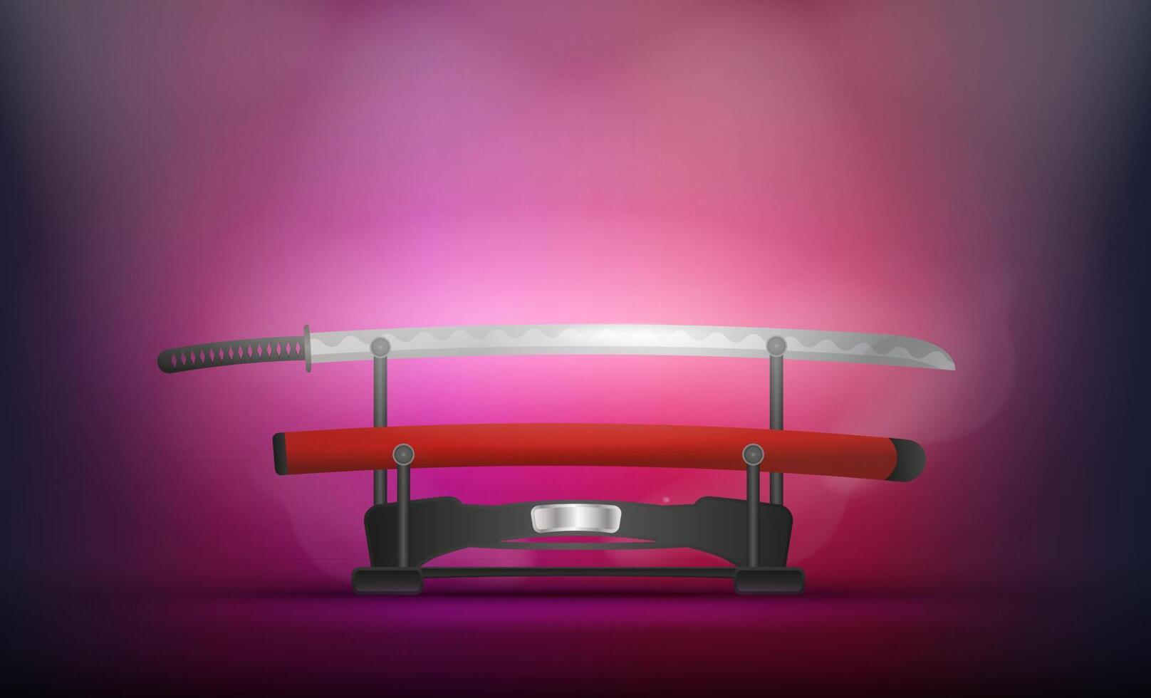 Katana, Japanese sword in a purple studio with light and smoke. Realistic style. Samurai weapons. Katana with scabbard. . vector
