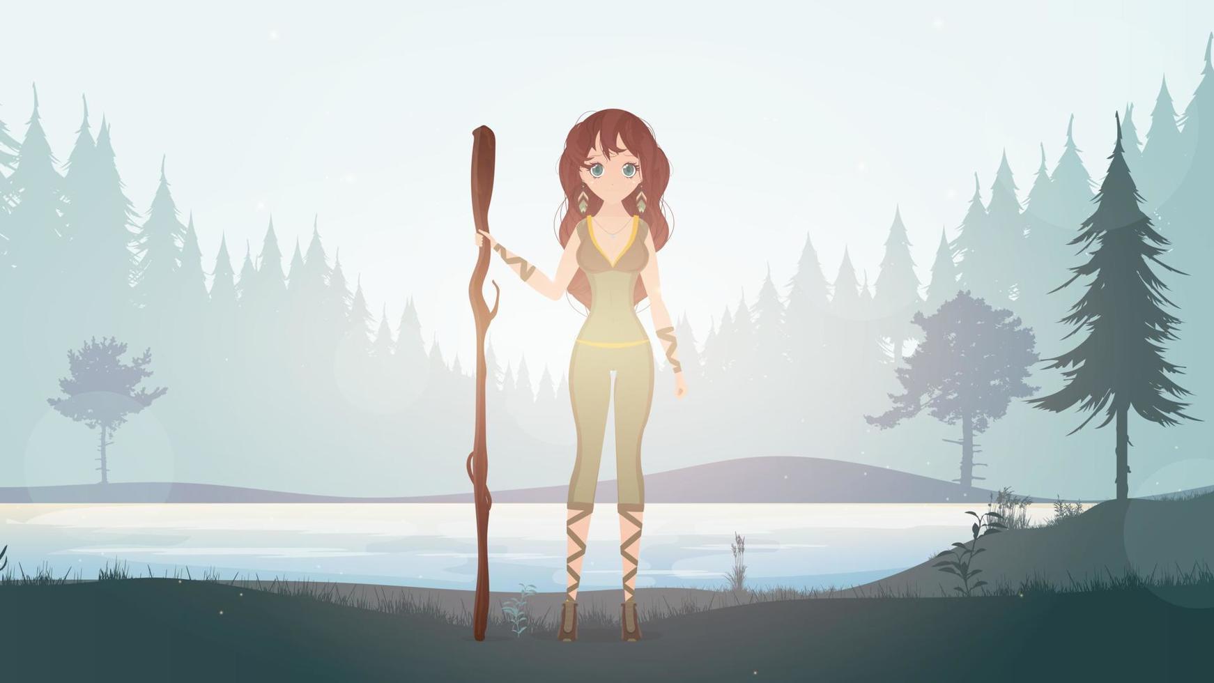 Mujer amazona en la selva tropical. bosque con un río. chica con traje de látex verde. estilo de dibujos animados vector. vector