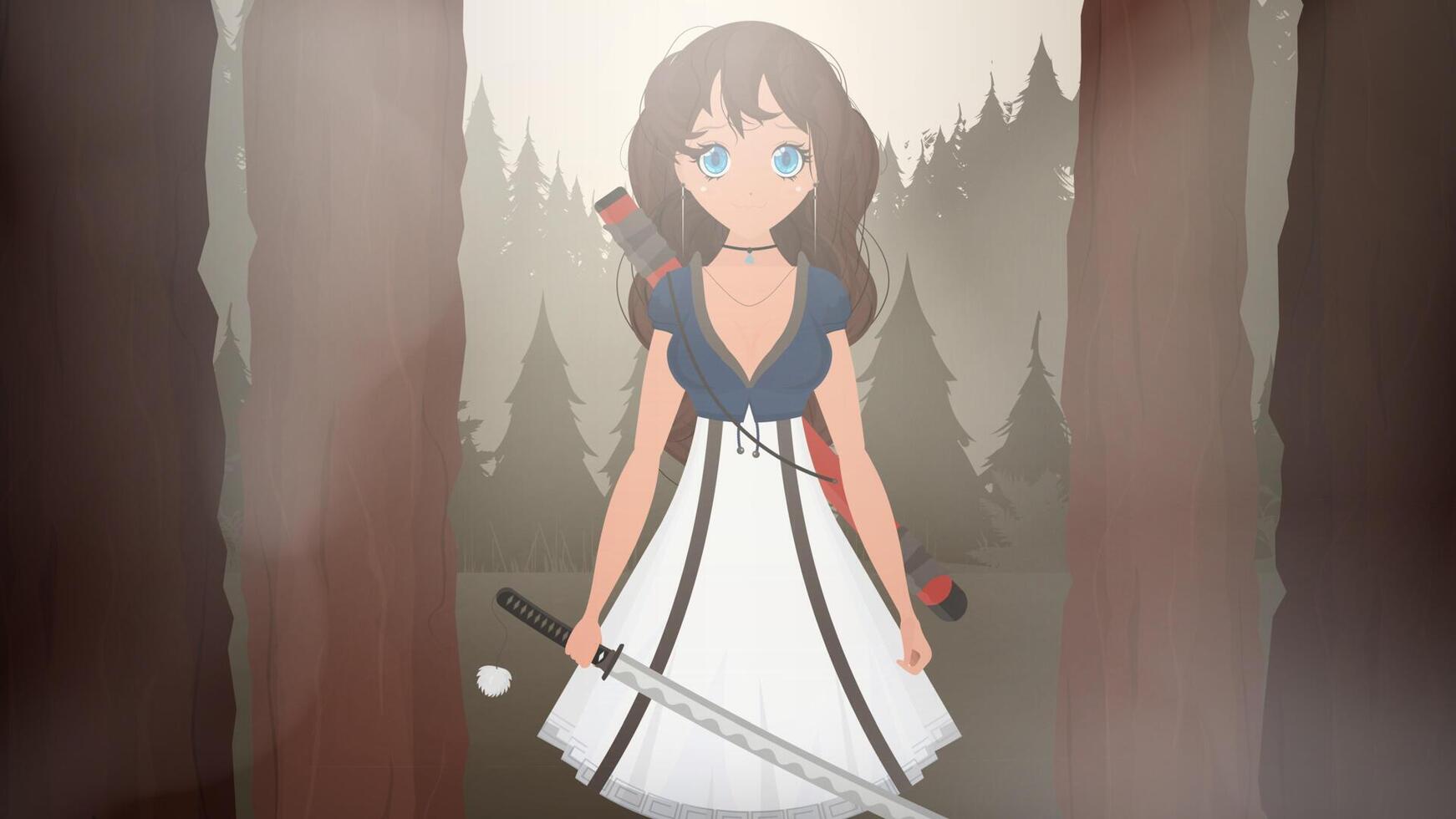 Young Asian girl in a white dress with a Japanese sword. She has long brown hair and blue eyes. Green trees in the background. vector