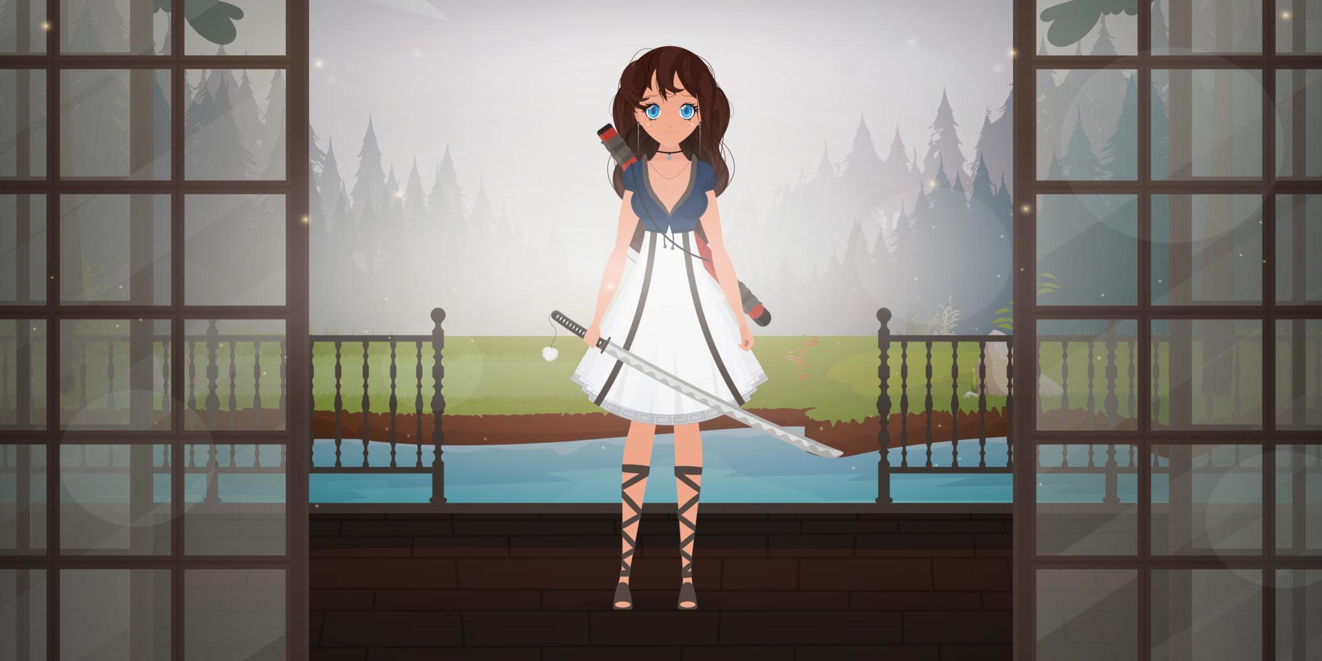 A girl with a katana in a white dress on a Japanese house viranda. Anime samurai woman. vector