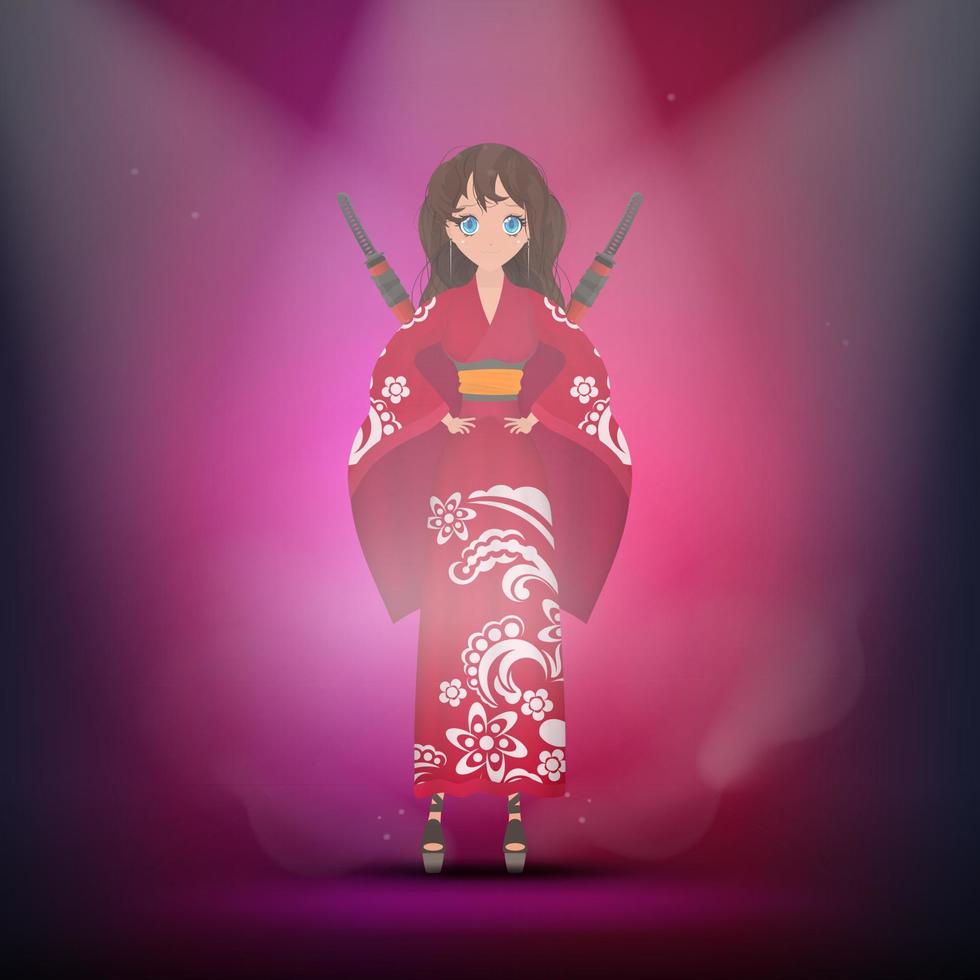 Women in a long red silk kimono, summer kimono, silk home clothes, bridesmaid wedding robes, natural robe. Vector. vector