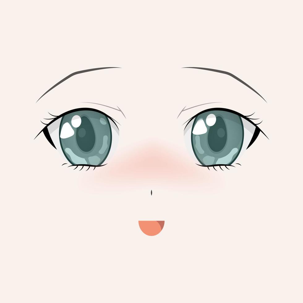 cara feliz de anime. estilo manga grandes ojos verdes, nariz pequeña y boca kawaii. ilustración vectorial dibujada a mano. aislado en blanco vector