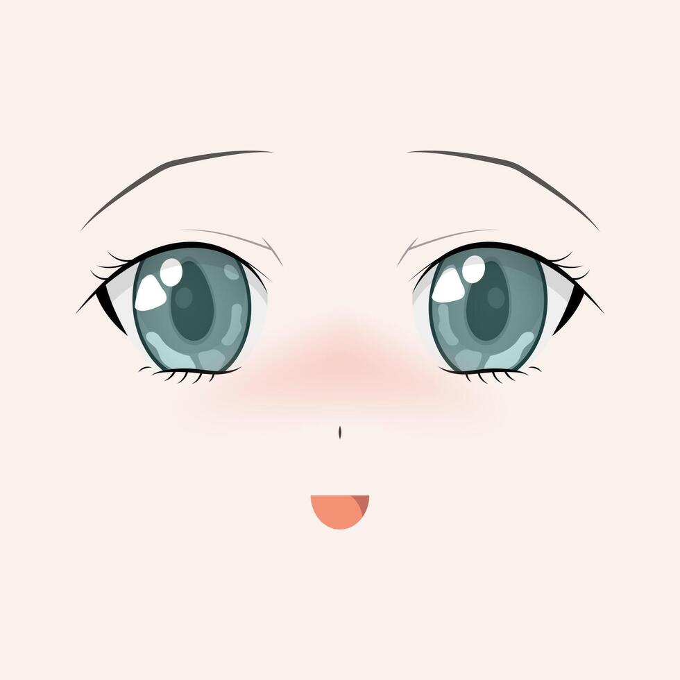 Happy anime face. Manga style big green eyes, little nose and kawaii mouth. Hand drawn vector illustration. Isolated on white.