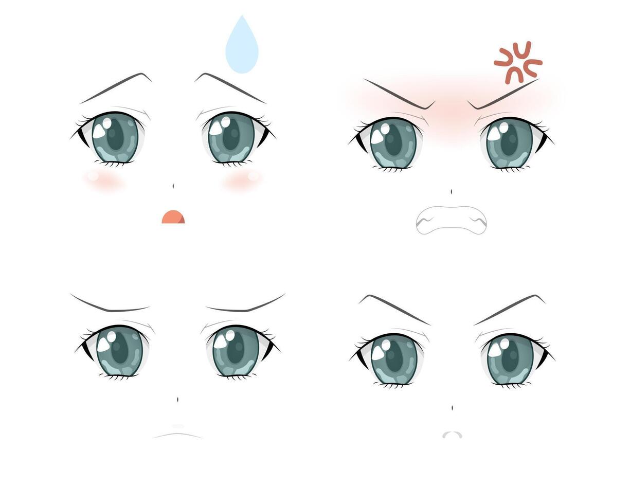 conjunto de expresiones de estilo anime de dibujos animados vectoriales. Chica anime en japonés. estilo anime, ilustración vectorial dibujada. bosquejo. vector