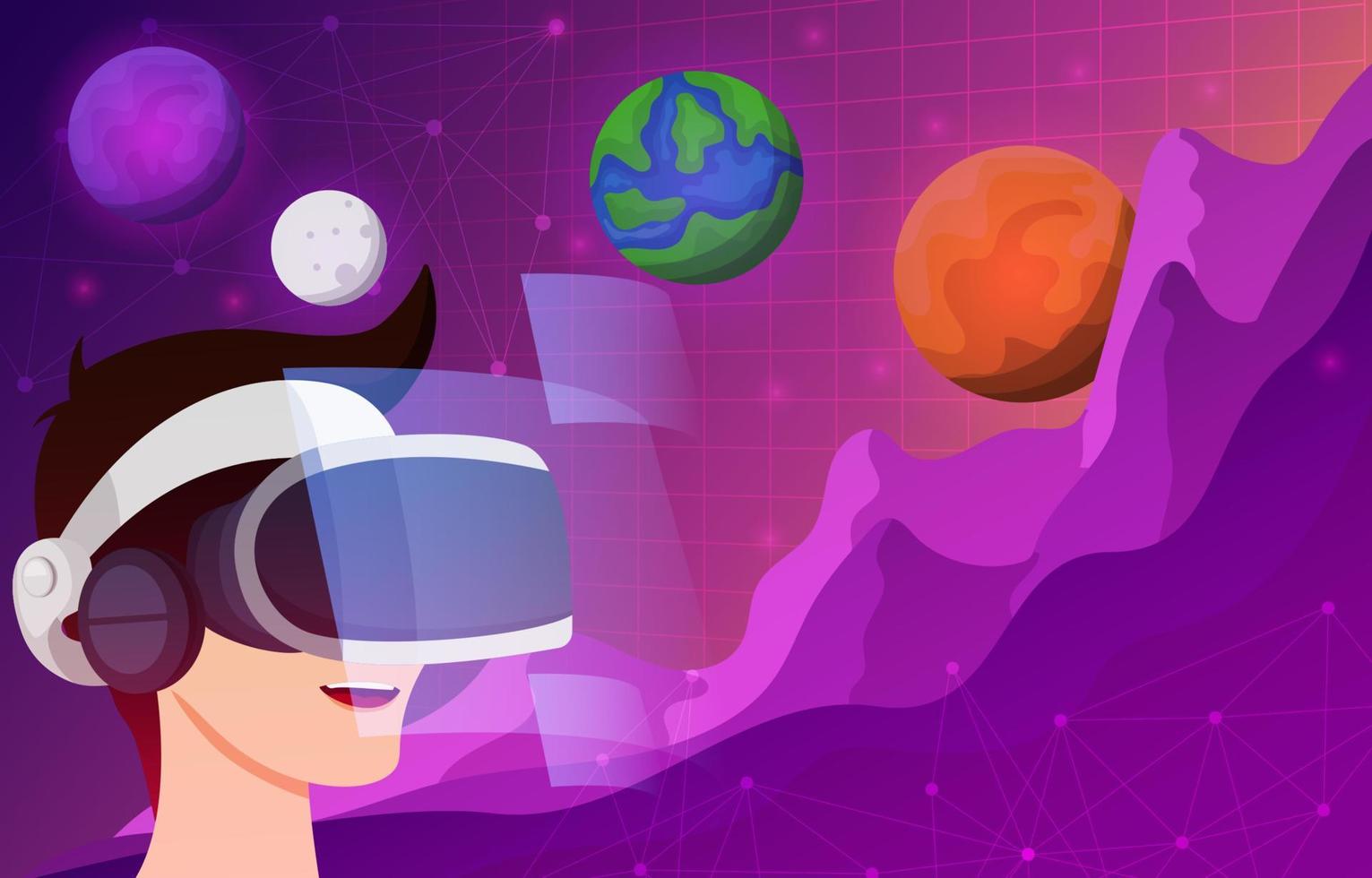 fondo de universo virtual con hombre usando realidad virtual vector