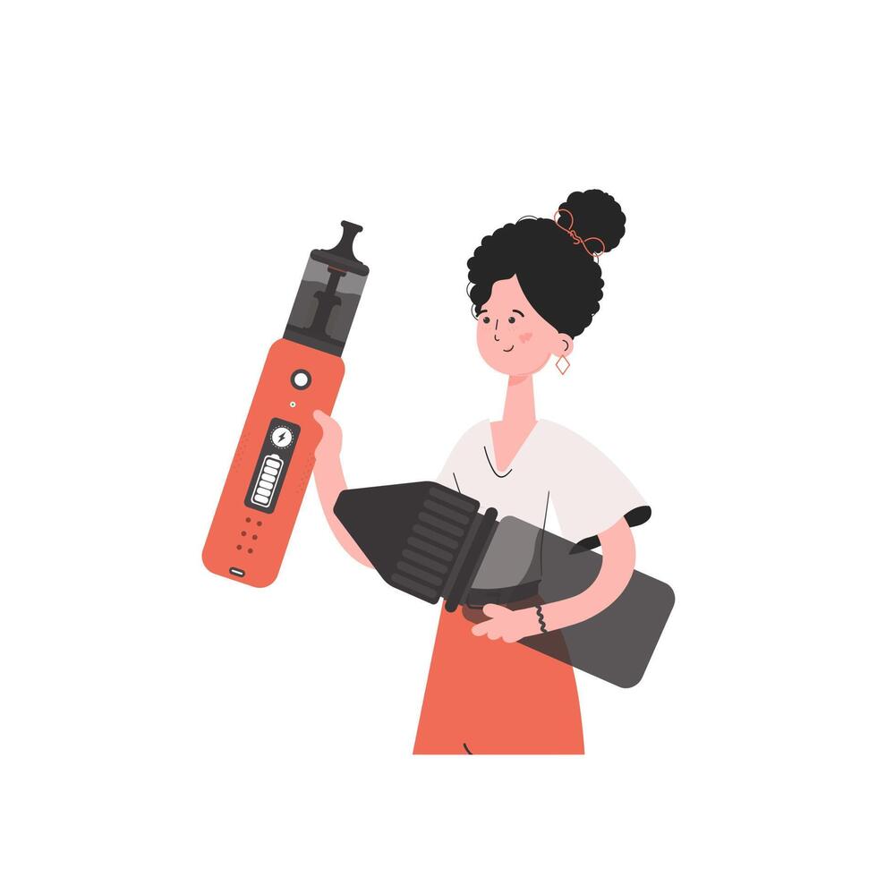 The girl holds in her hands a system for vaping. Flat style. Isolated on white background. Vector illustration.