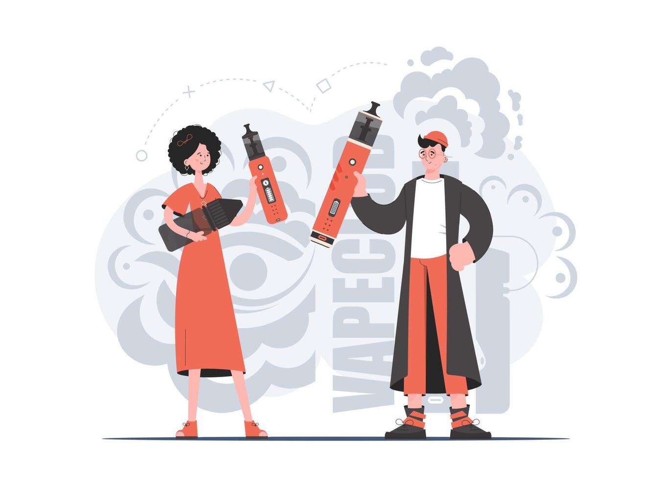 A girl and a guy are holding a vaping system in their hands. Trendy style with soft neutral colors. The concept of replacing cigarettes. Vector illustration.