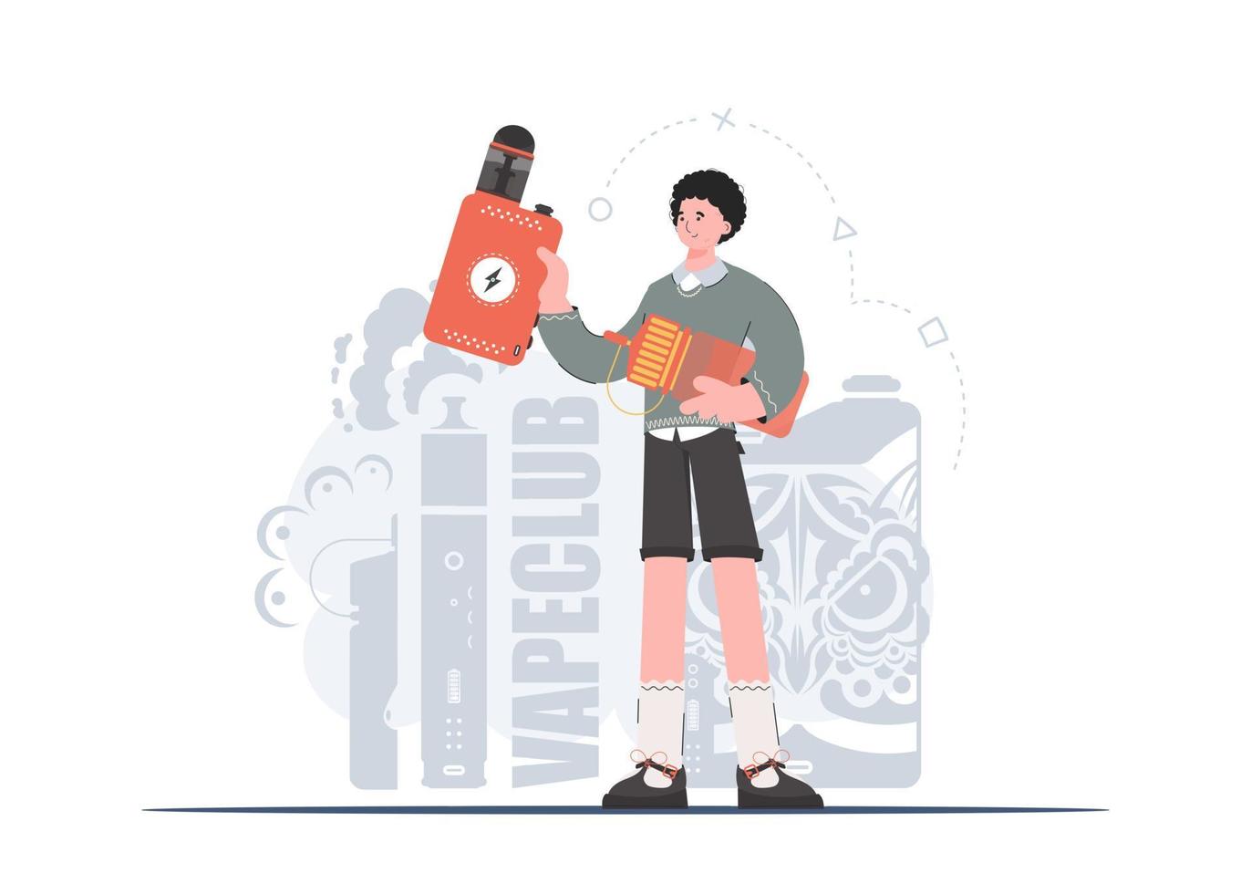 The guy holds in his hands a system for vaping. Flat style. The concept of replacing cigarettes. Vector illustration.