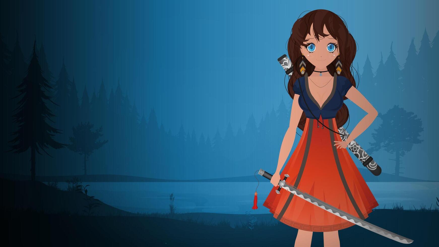 Girl with a katana in a blue and red dress. Anime samurai woman on a summer night background. Cartoon style vector