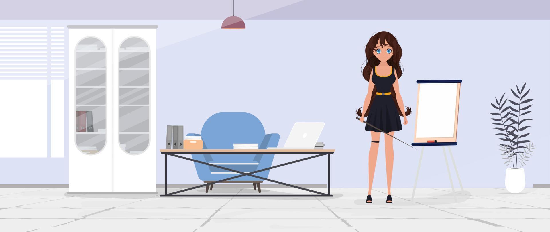 A cartoon woman is standing in front of a desk vector