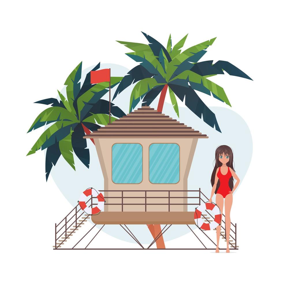 A woman near a life buoy. Beach lifeguard girl in a swimsuit. For banners. Cartoon anime style. Vector illustration