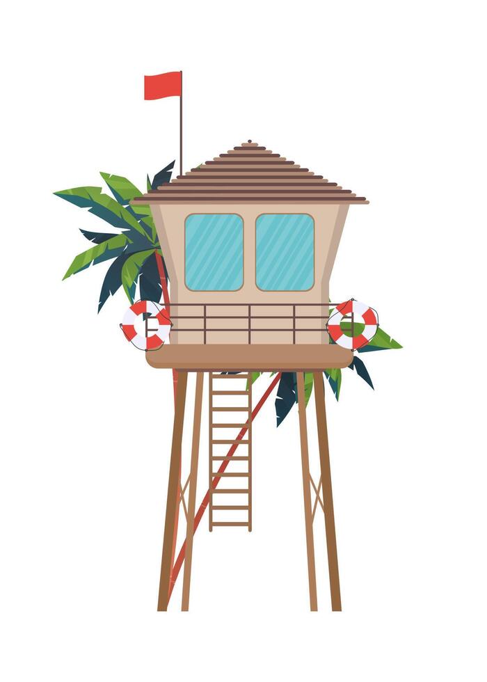 Wooden lifeguard house in flat design. Retro life guard tower isolated on white background. Baywatch hut or observation tower vector illustration.