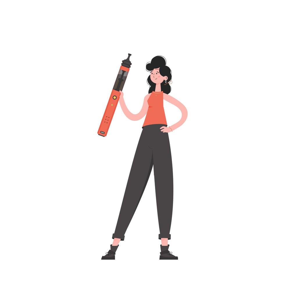 A woman holds an electronic cigarette in her hands. Flat style. Isolated. Vector illustration.