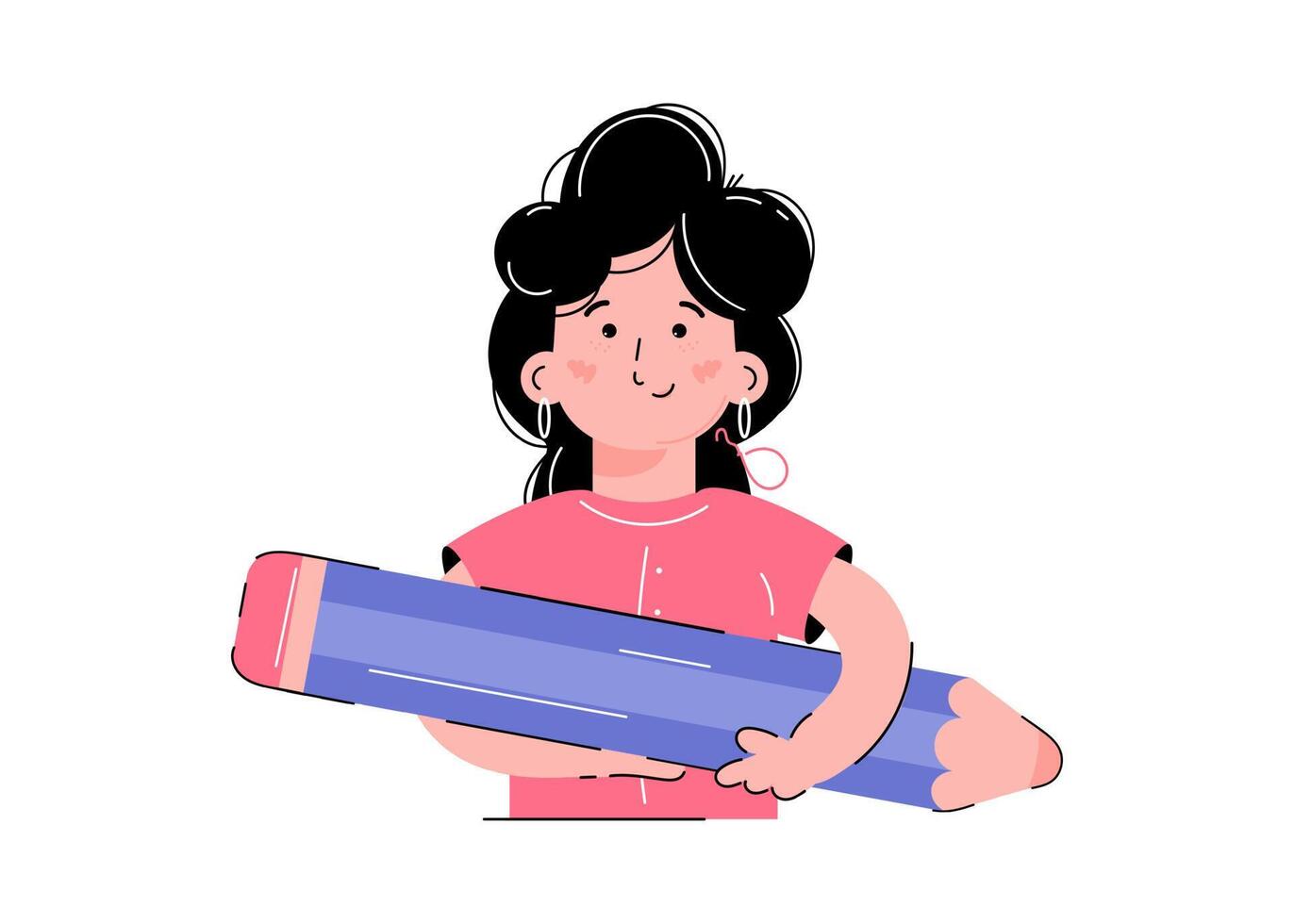 The girl is holding a pencil in her hands. Isolated on white background. Trendy flat vector style.