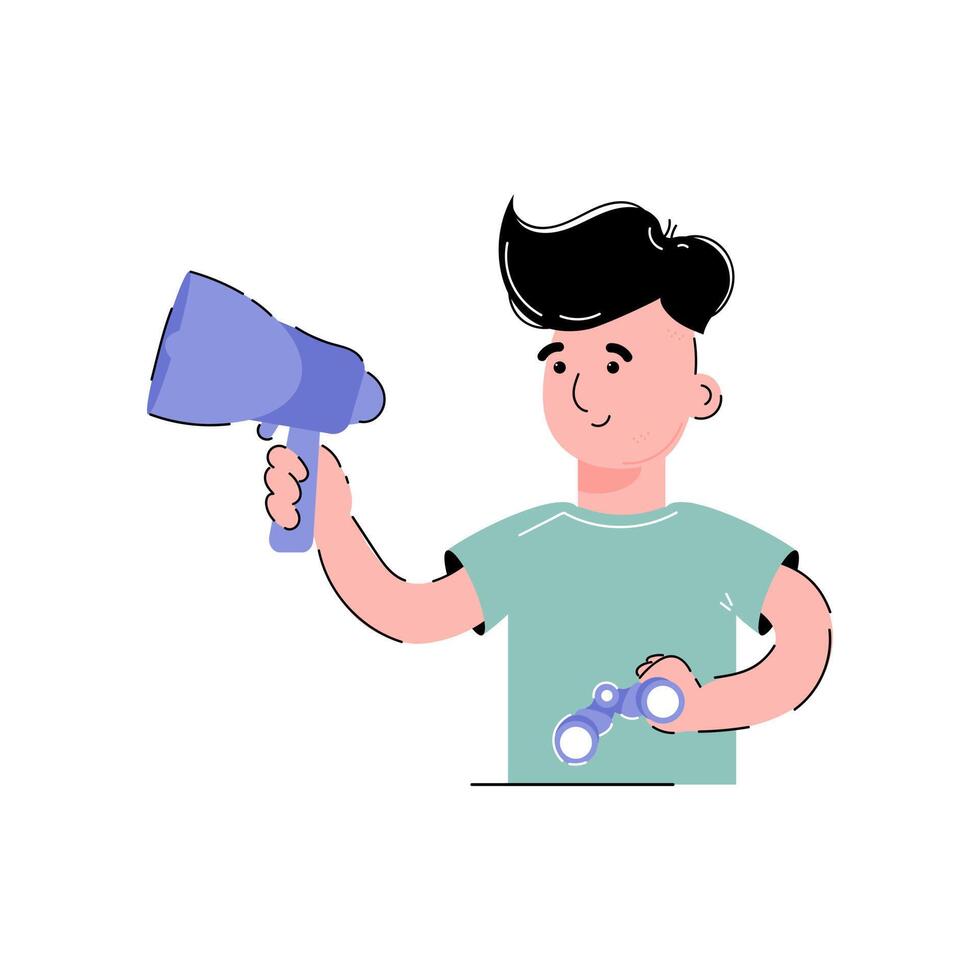 The guy holds a mouthpiece and binoculars in his hands. The concept of finding employees. Isolated on white background. Trendy flat style. vector