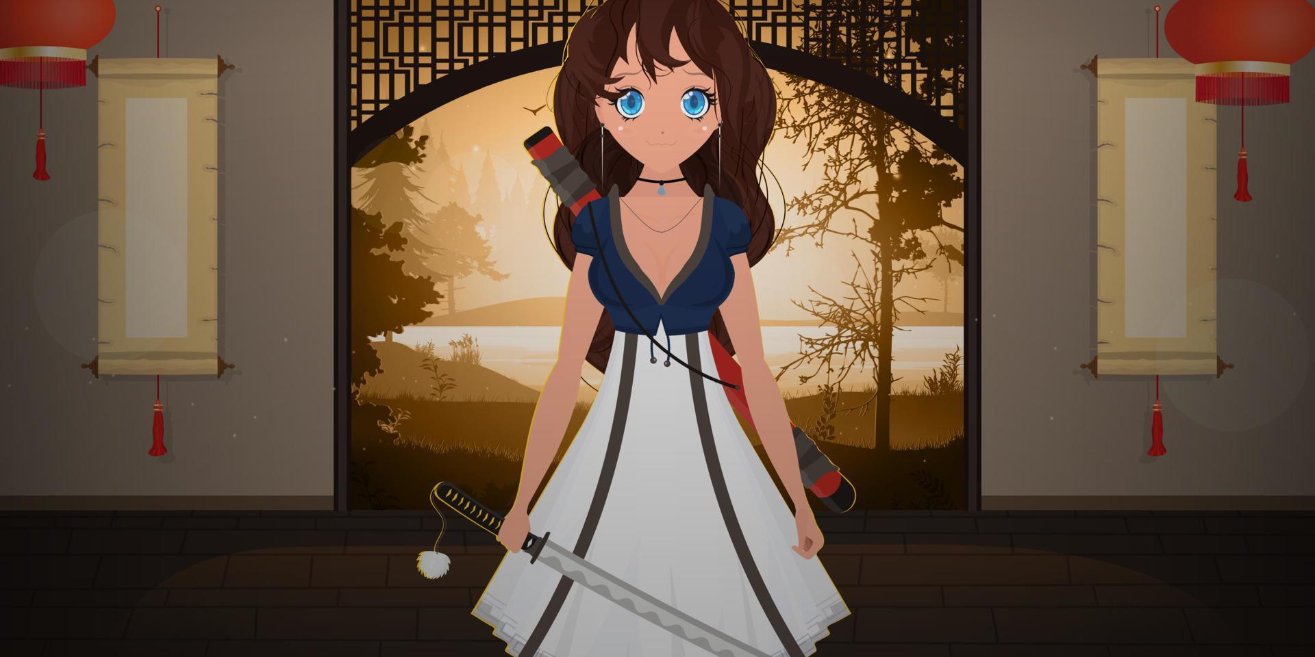 una chica con una katana vestida de azul y blanco se encuentra en una habitación japonesa. anime mujer samurái. estilo de dibujos animados, ilustración vectorial. vector