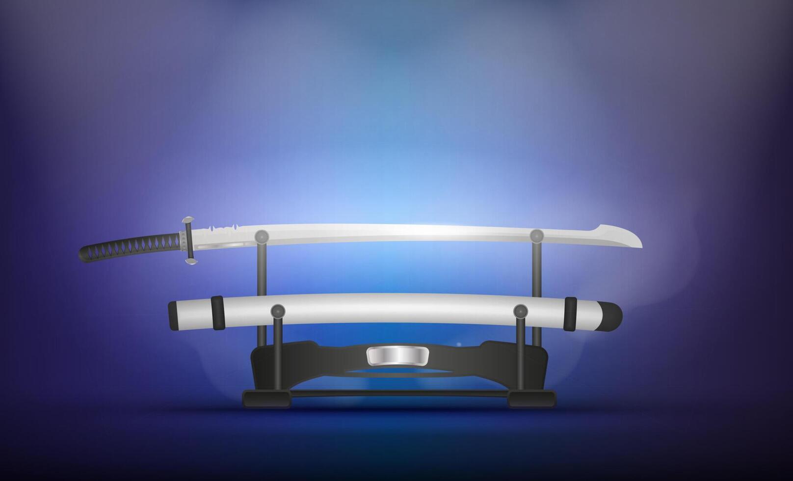 Katana, Japanese sword in a purple studio with light and smoke. Realistic style. vector