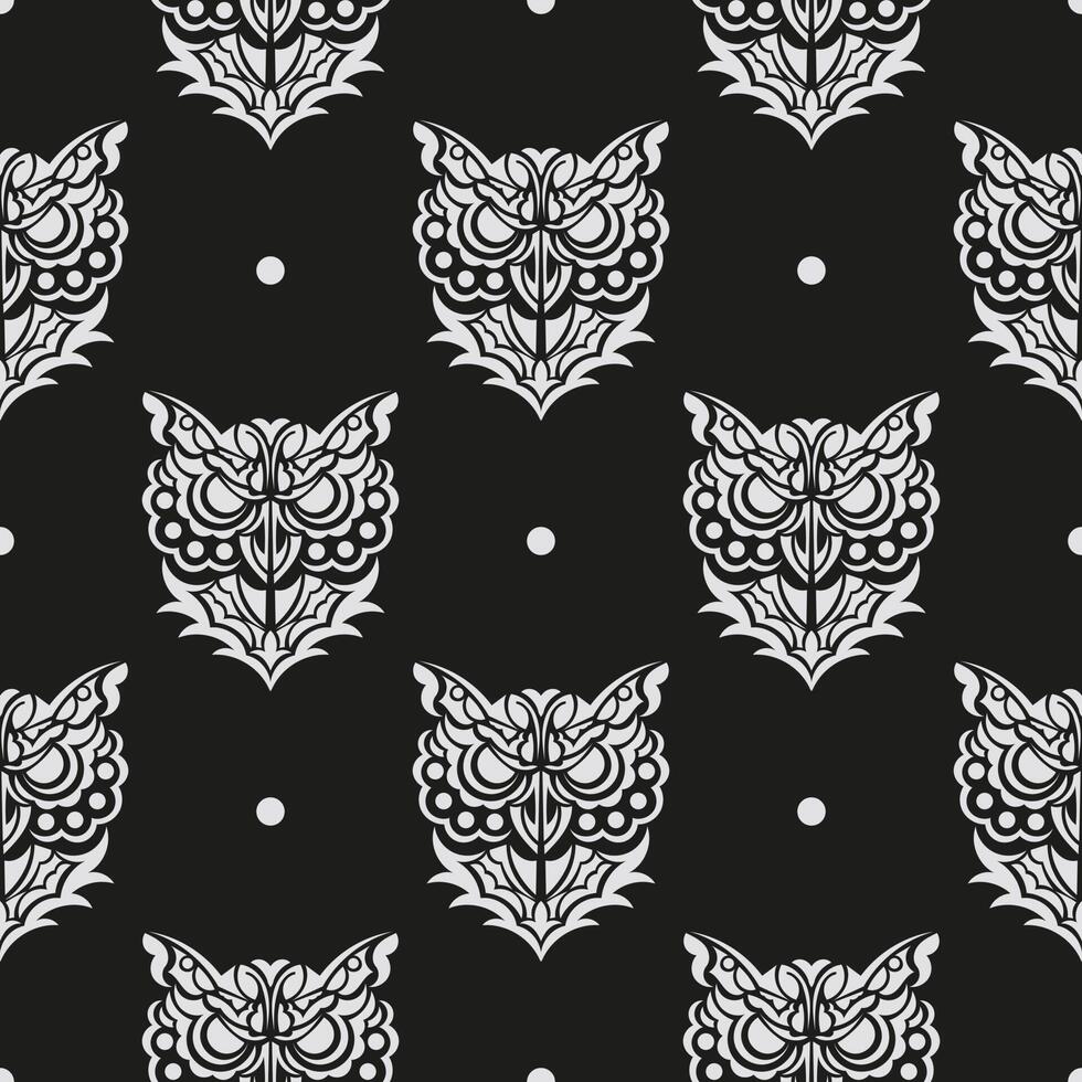 Black-white Seamless pattern owl face in boho style. Good for clothing and textiles. Vector
