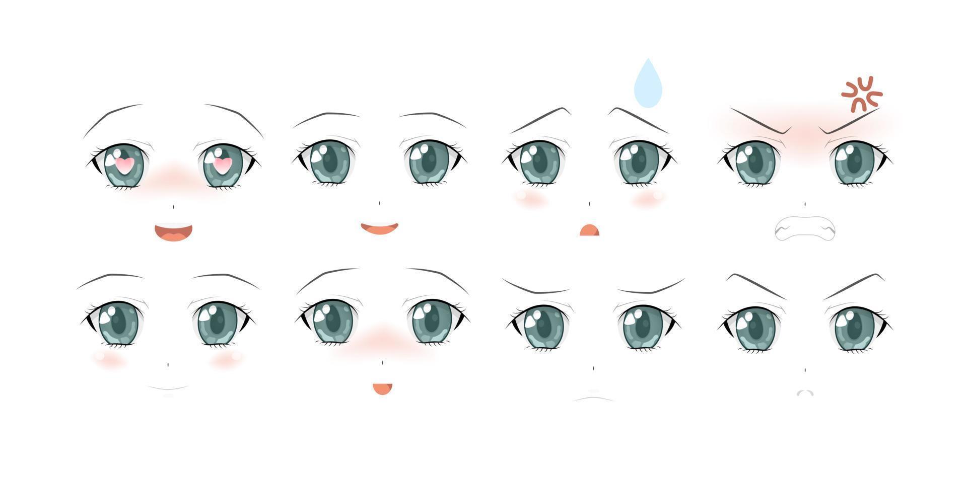 conjunto de expresiones de estilo anime de dibujos animados vectoriales. Chica anime en japonés. estilo anime, ilustración vectorial dibujada. bosquejo. vector
