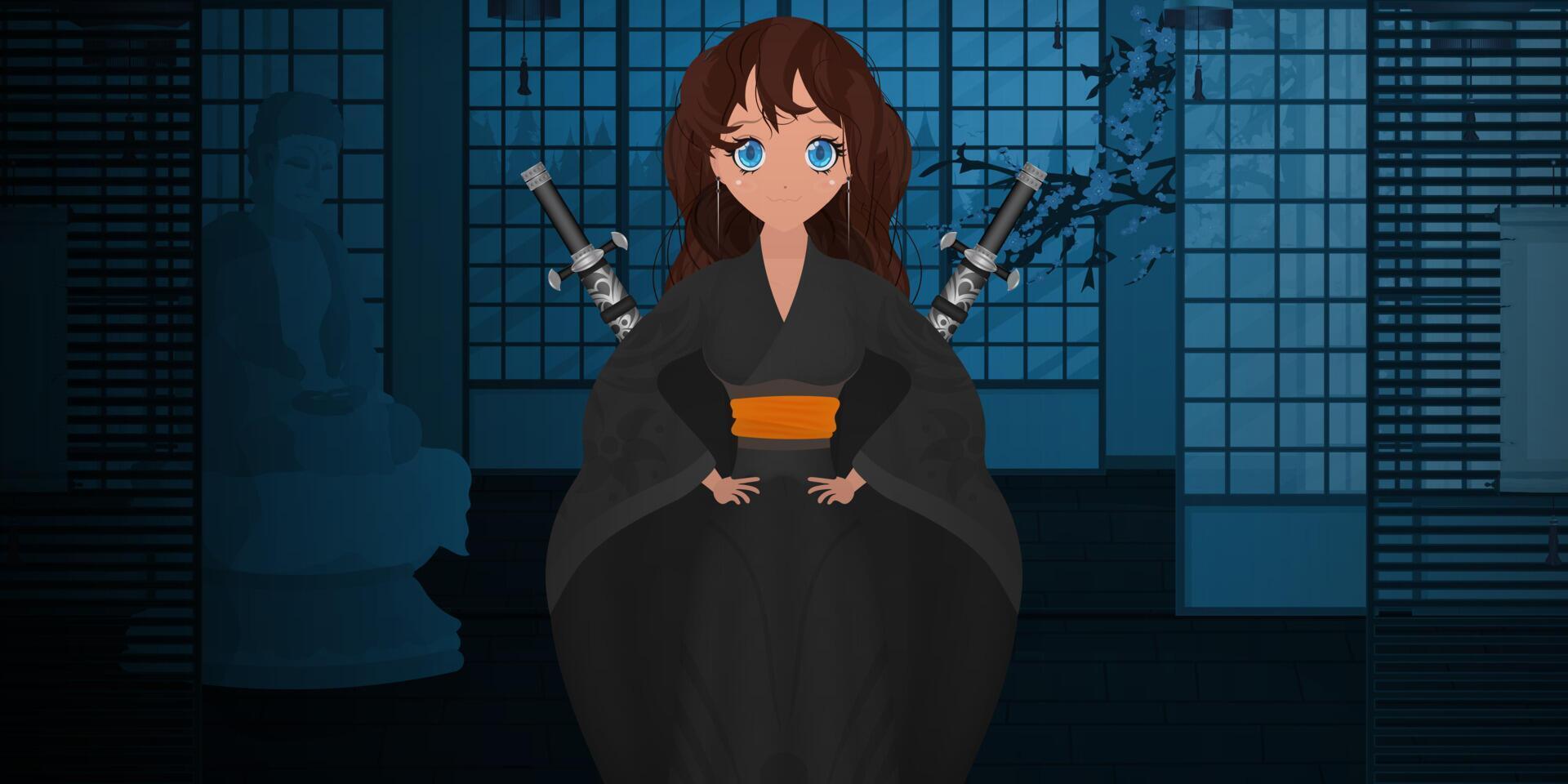 Women in a long black silk kimono and a katana on their backs. Cartoon style. Vector illustration.