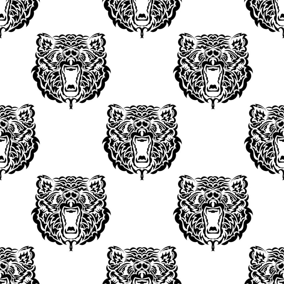 Black and white seamless pattern with cute bear faces, endless repeatable texture vector