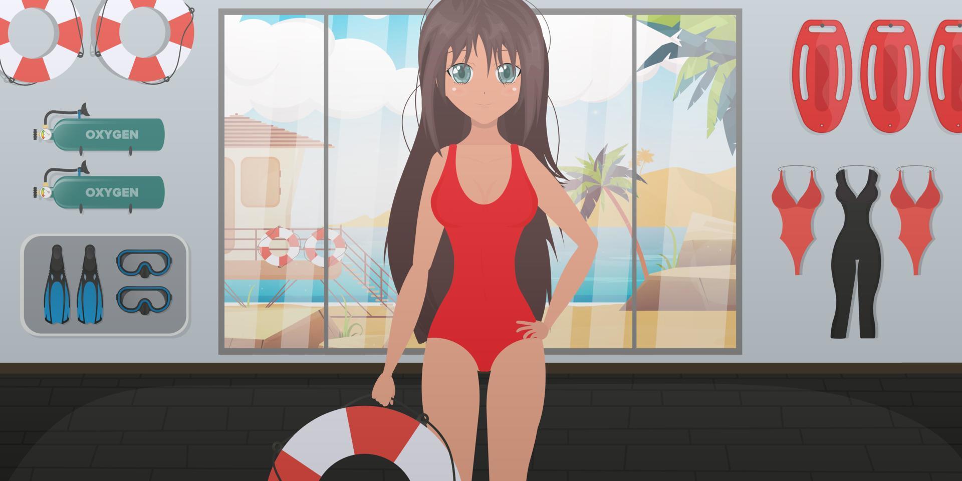 puesto de salvamento en la playa. una salvavidas con traje de baño rojo sostiene un aro salvavidas en sus manos. estilo de dibujos animados, ilustración vectorial. vector