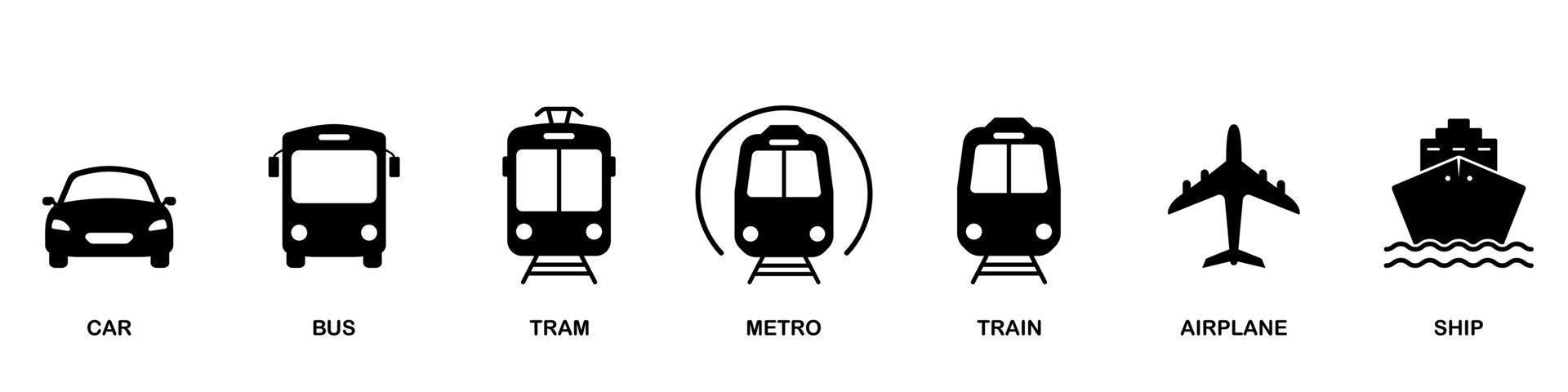 conjunto de iconos de silueta de transporte aéreo, automático y ferroviario. señal de estación de parada para pictograma de glifo de transporte público. coche, autobús, tranvía, tren, metro, avión, icono de barco en la vista frontal. ilustración vectorial aislada. vector