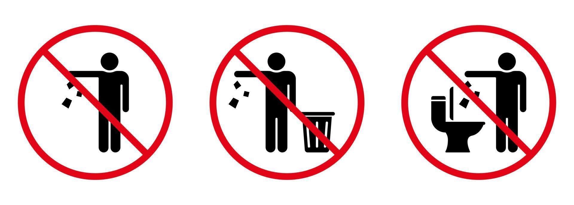 no tire basura en el icono de la silueta del signo del inodoro. prohibido tirar basura, residuos, símbolo de basura. advertencia, por favor, deje caer la basura en el icono de la papelera. mantenga limpio el pictograma de glifo. ilustración vectorial aislada. vector