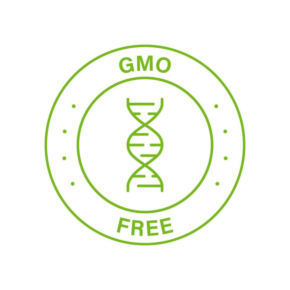 Free GMO Line Green Stamp. Natural Non GMO Food Label. No Genetically Modified Ingredients Sign. Bio Eco Food for Vegan Outline Logo. Vegetarian Organic Product Sticker. Isolated Vector Illustration.