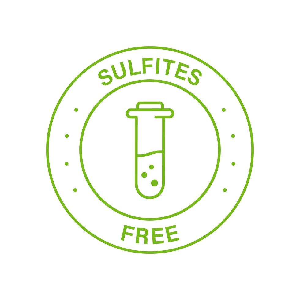 sello verde de línea libre de sulfitos. sin etiqueta de sulfitos. producto sin símbolo de sulfato. ingredientes naturales sin signo de sulfito. matraz de vidrio, tubo de ensayo sin productos químicos en el logotipo de alimentos. ilustración vectorial aislada. vector