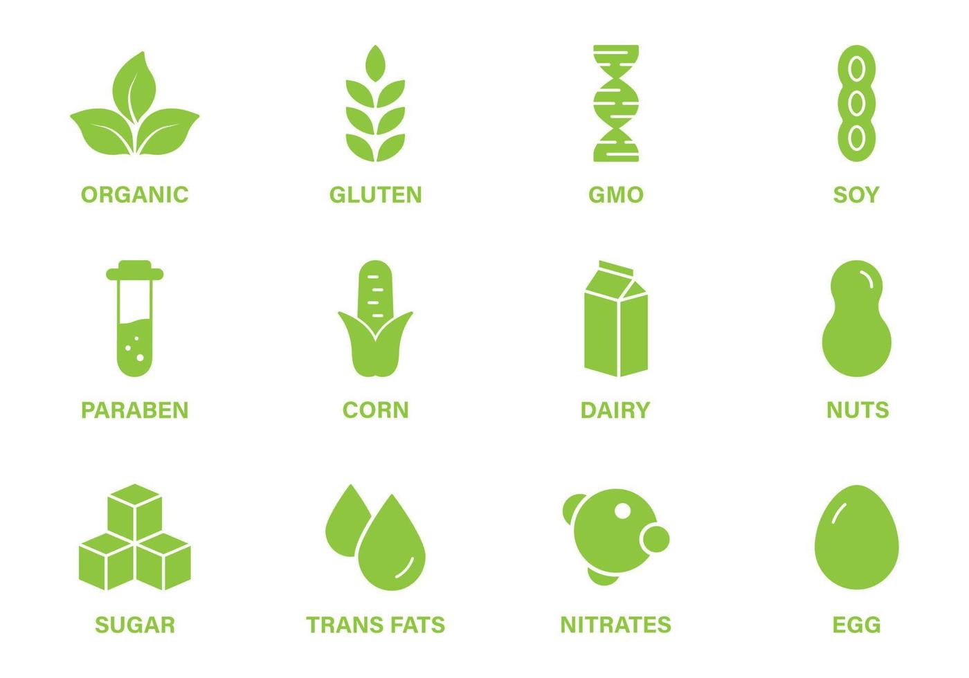 conjunto de iconos verdes de silueta de producto de comida vegana. signo de ingrediente de alergia orgánica. gluten, azúcar, grasas trans, maíz, gmo, lácteos, nitratos, soya, leche, nueces, huevo y parabeno. ilustración vectorial aislada. vector