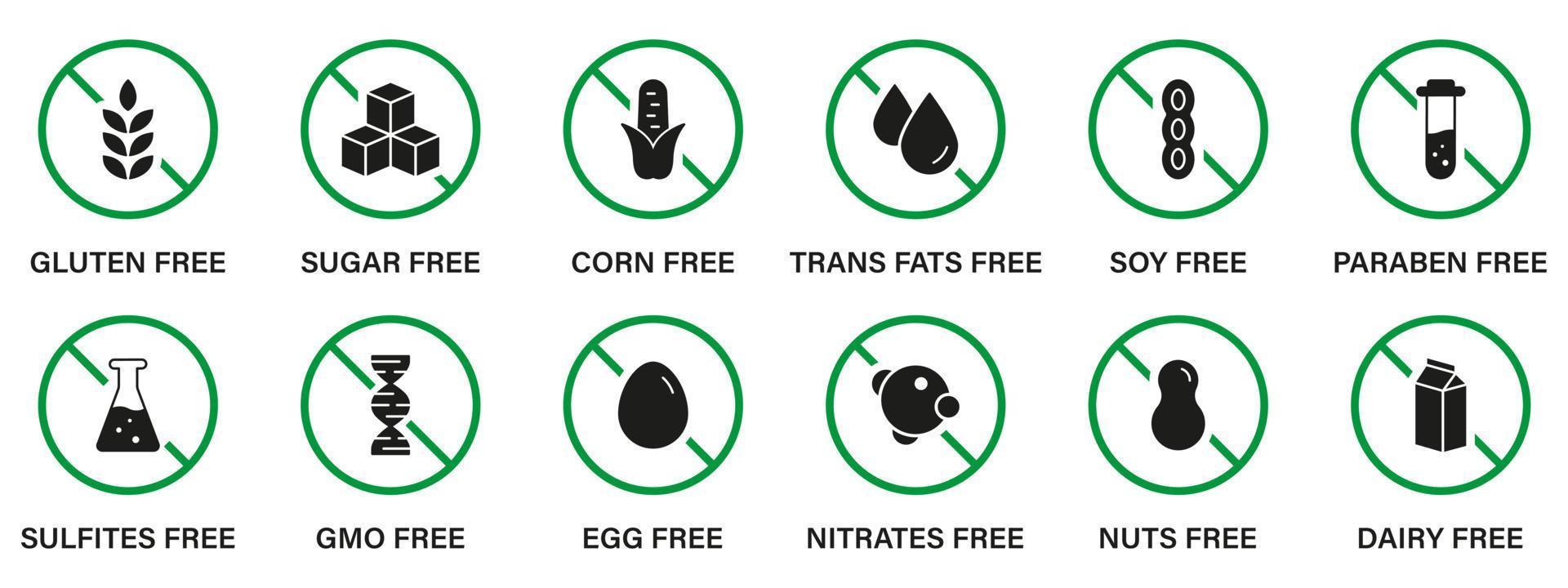 Free Allergen Ingredient Silhouette Black Icon Set. Forbidden Symbol of GMO, Trans Fat, Sugar, Soy, Egg, Gluten, Corn, Dairy, Sugar, Milk, Paraben and Nitrates. Isolated Vector Illustration.