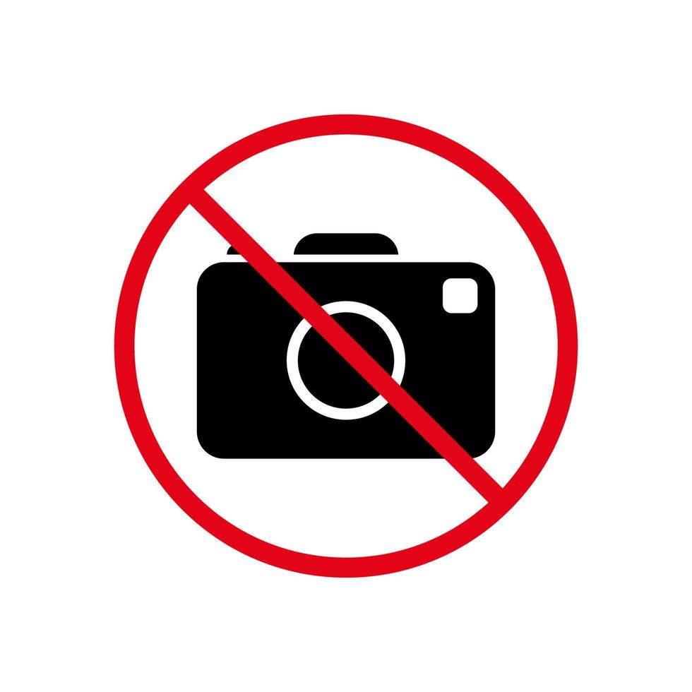 Prohibir el icono de la silueta negra de la cámara fotográfica. no se permite la imagen de captura de cámara de zona pictograma prohibido. símbolo de parada roja de fotografía. Precaución cámara de fotos zona prohibida. ilustración vectorial aislada. vector