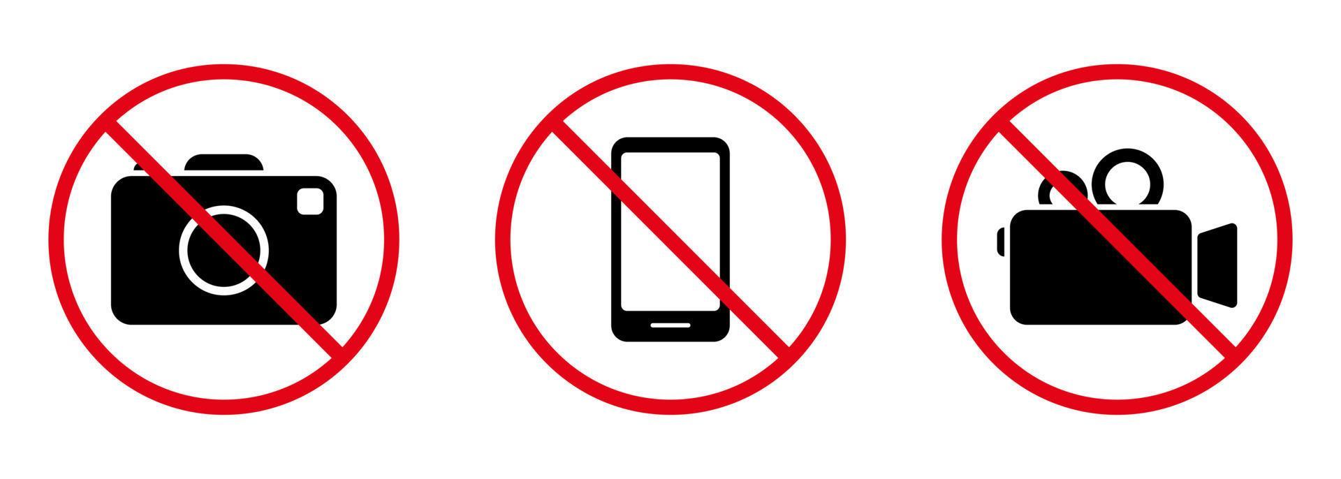 No Video Photo Camera Mobile Phone Black Silhouette Ban Icon Set