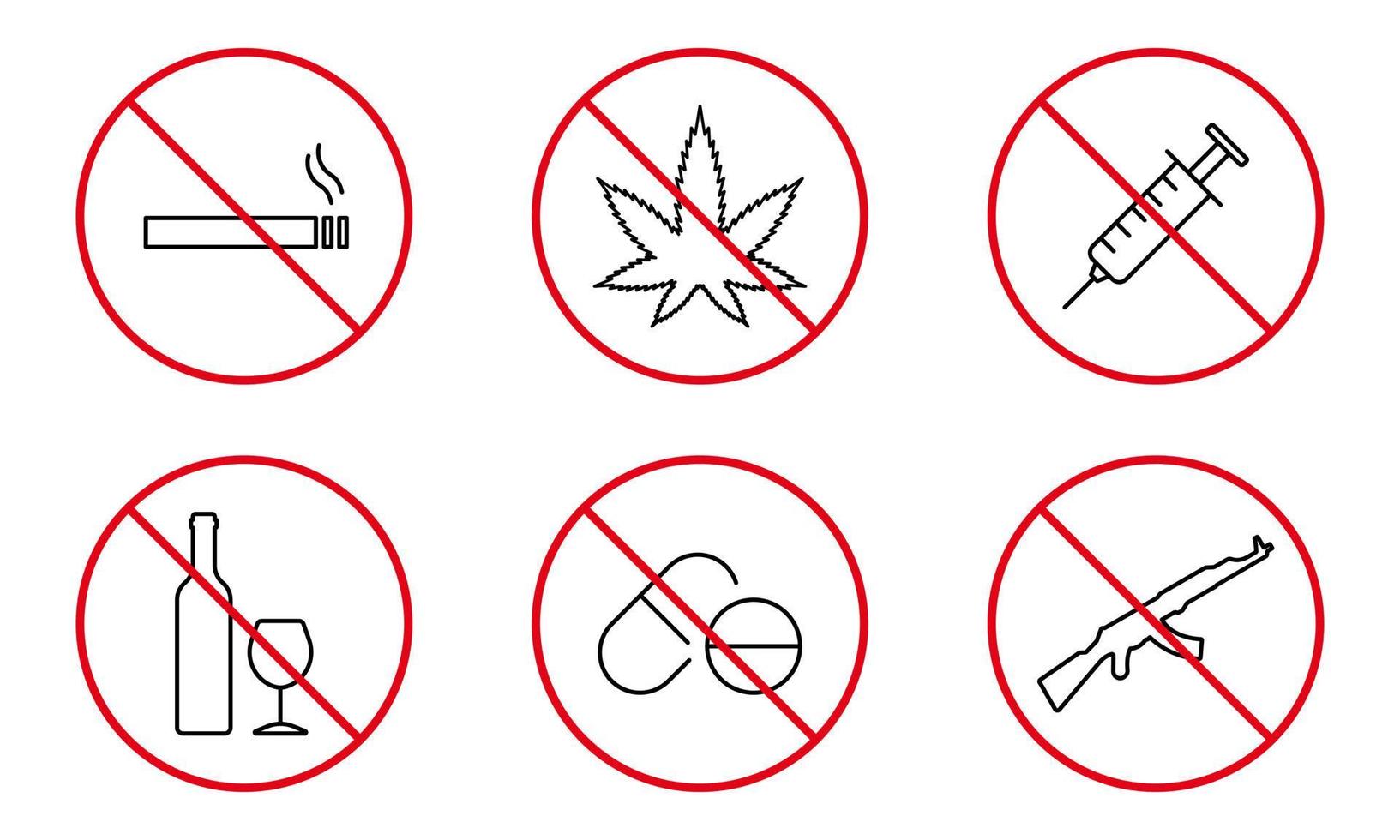 No Drug, Alcohol, Cigarette, Pill, Syringe, Gun AK47 Line Icon Set. Narcotic, Weapon Forbidden Outline Pictogram. Danger Addiction Stop Symbol. Illegal Sign Prohibited. Isolated Vector Illustration.