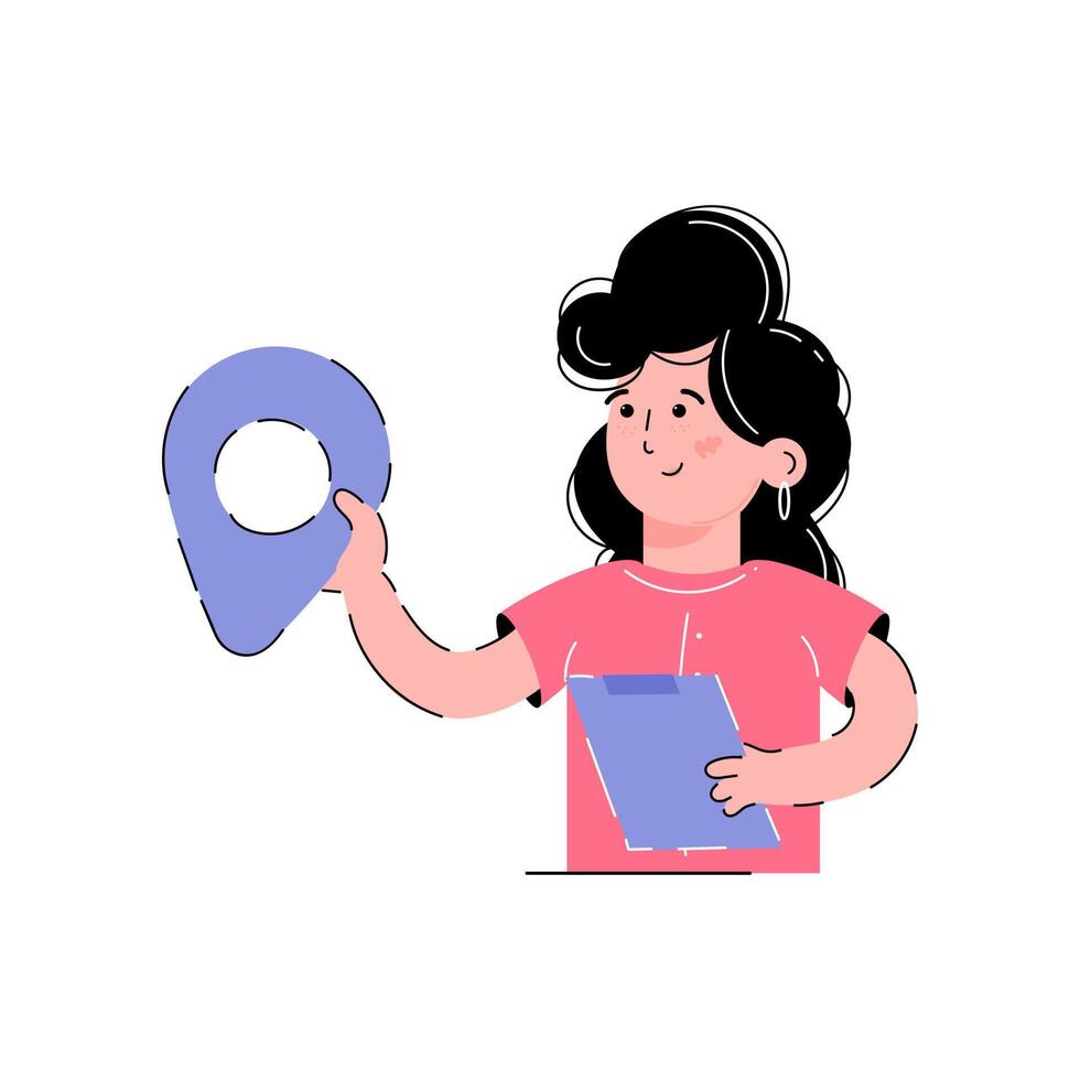 The girl is holding a tablet and a location icon in her hands. Delivery concept. Isolated on white background. Trendy flat vector style.
