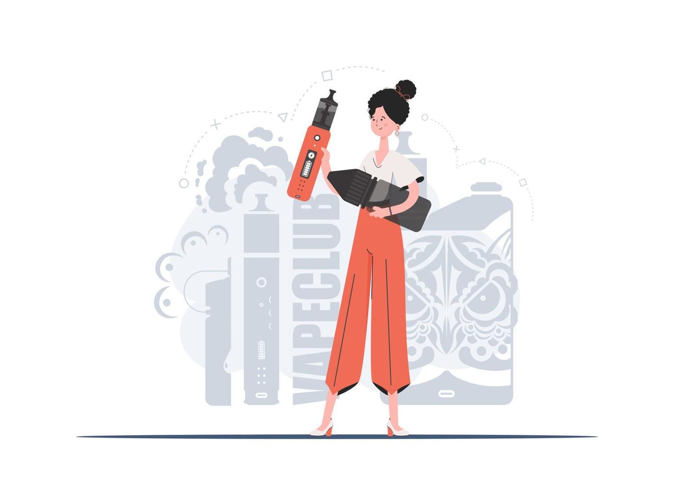 The girl holds in her hands a system for vaping. Flat style. The concept of replacing cigarettes. Vector illustration.