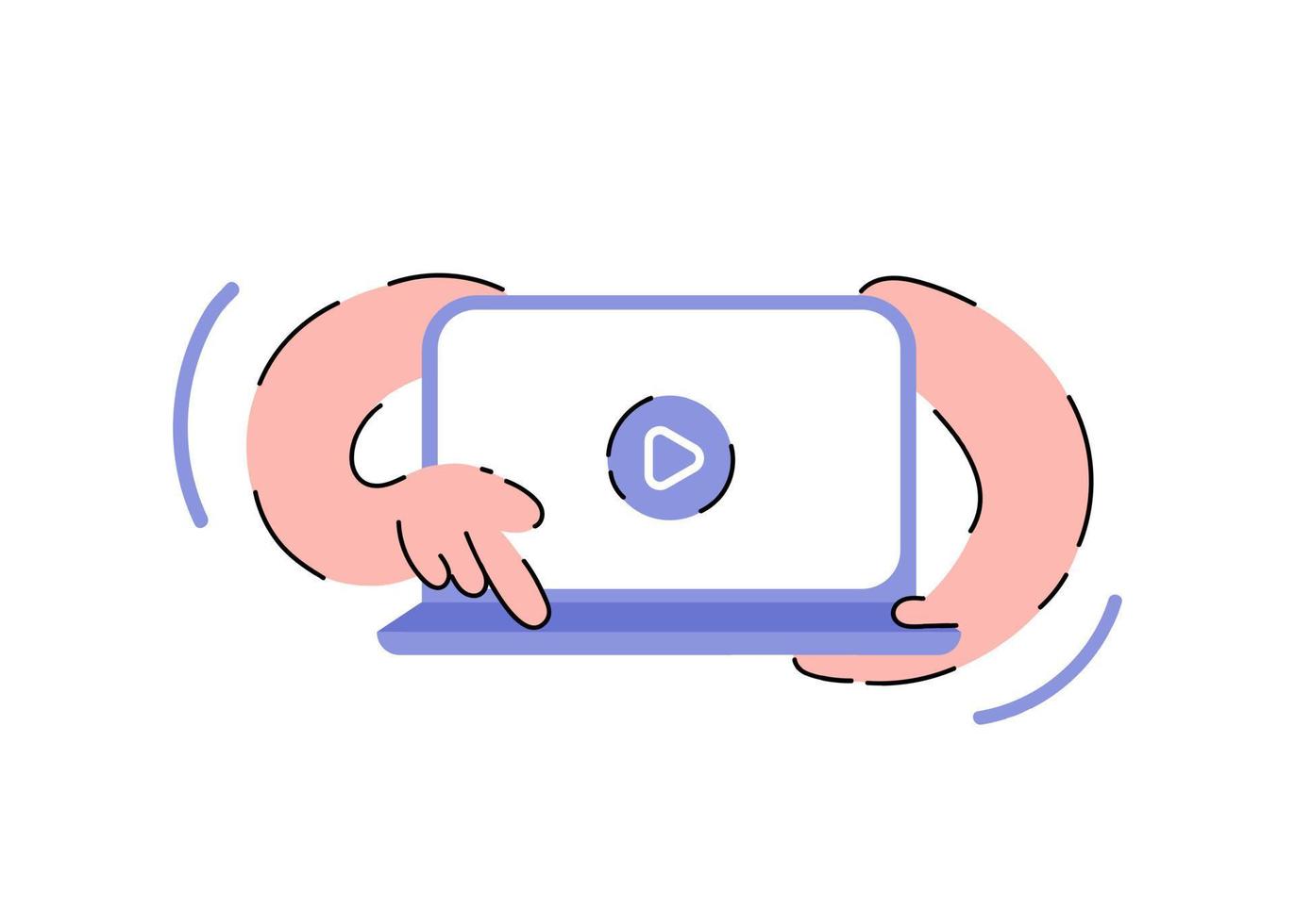 The hand is holding a laptop. Element for presentations, applications and sites. Trendy flat vector illustration.