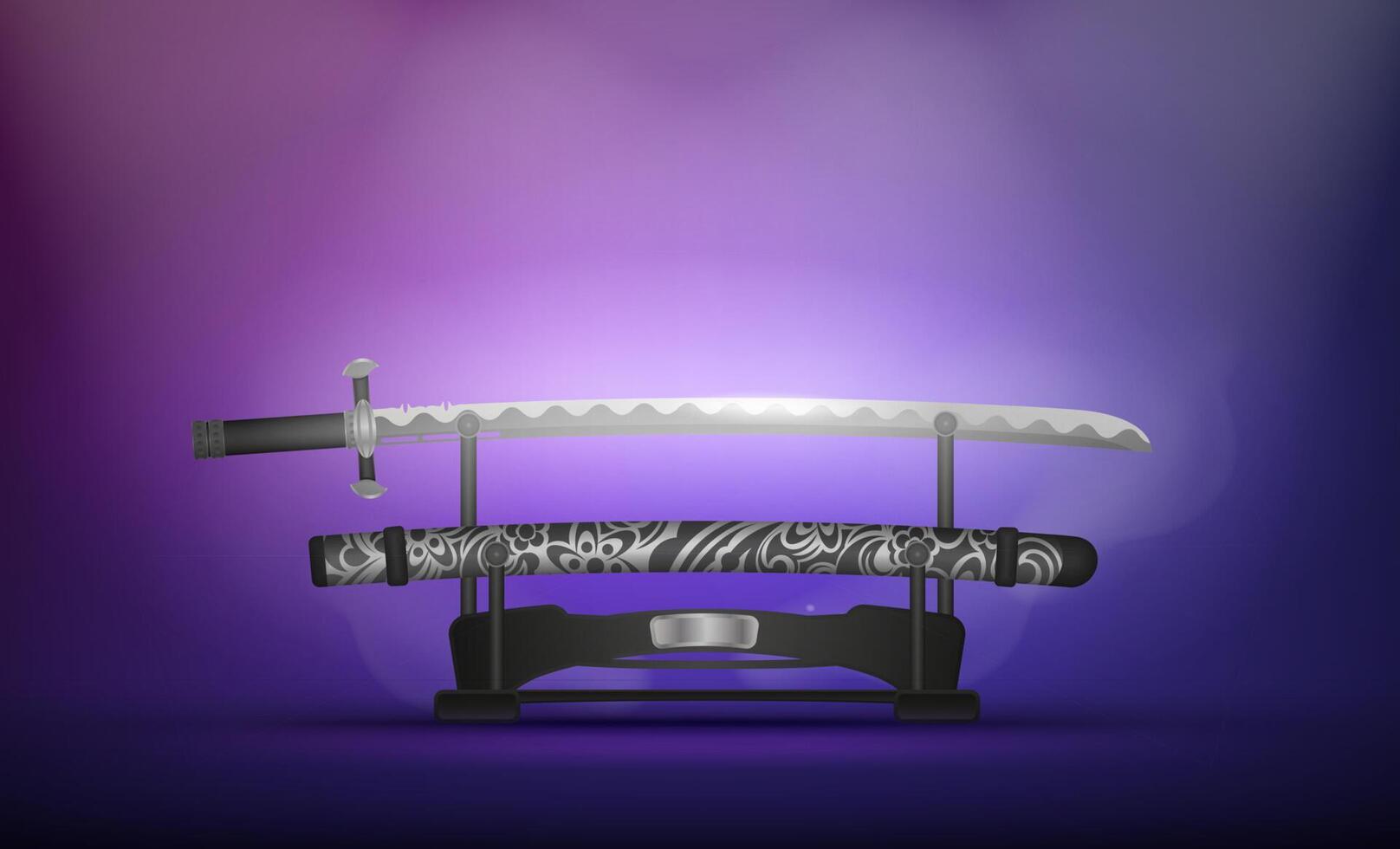 Katana, Japanese sword in a purple studio with light and smoke. Realistic style. Samurai weapons. Katana with scabbard. vector