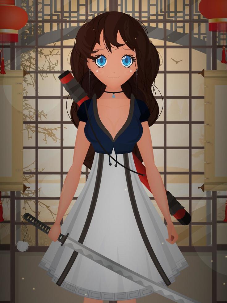 A girl with a katana in a blue and white dress stands in a Japanese room. vector